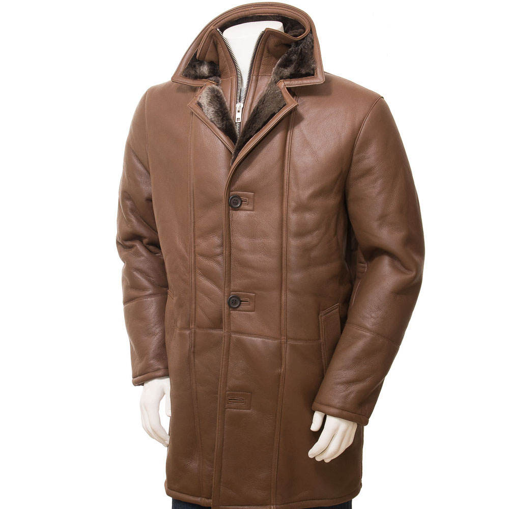 Men's Premium Brown Leather Overcoat – Classic & Cozy Winter Wear