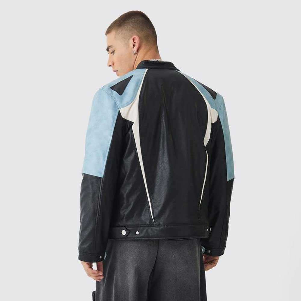 Men's Black & Blue Color-Block Leather Biker Jacket