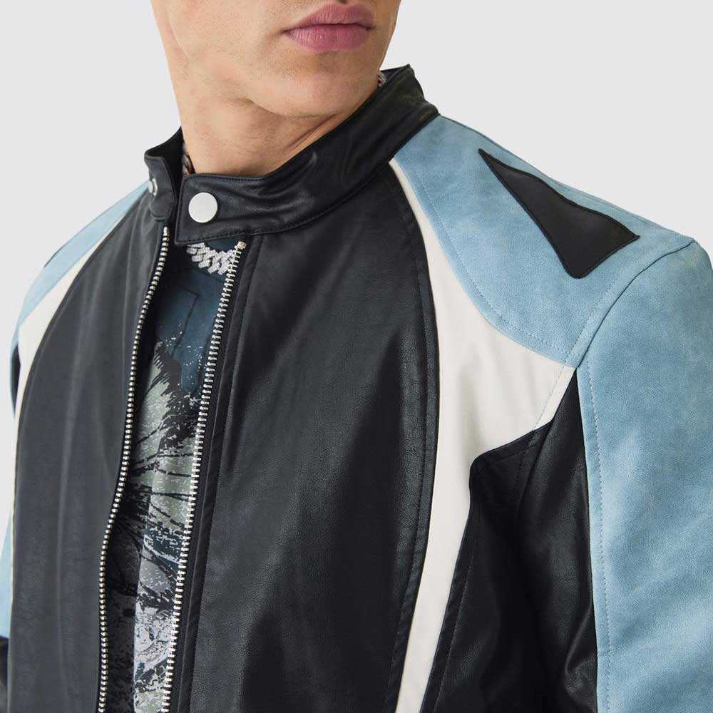 Men's Black & Blue Color-Block Leather Biker Jacket