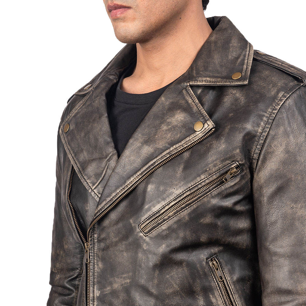 Men's Black Distressed Leather Biker Jacket
