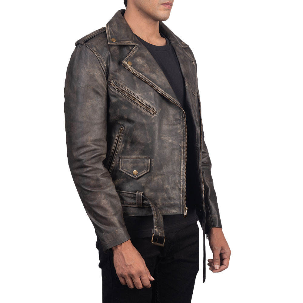 Men's Black Distressed Leather Biker Jacket