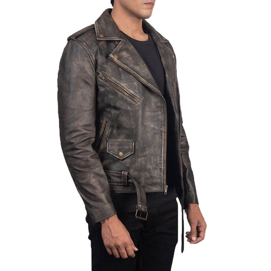 Men's Black Distressed Leather Biker Jacket