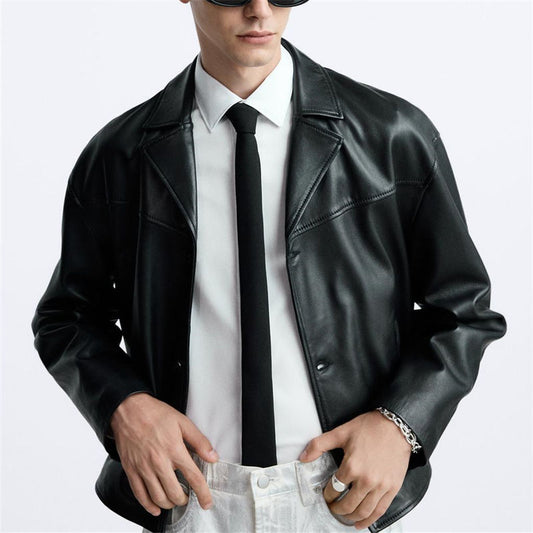 Men’s Minimalist Black Leather Blazer Jacket