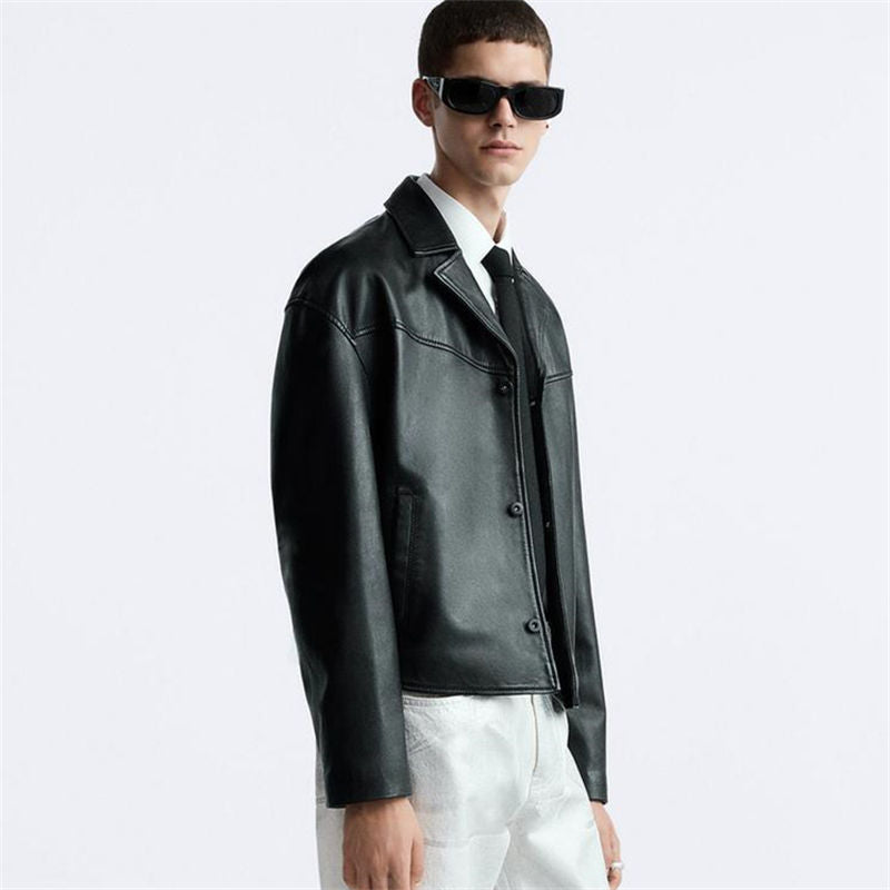 Men’s Minimalist Black Leather Blazer Jacket