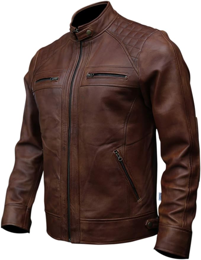 RIDIX MENS CAFE RACER BIKER MOTORCYCLE LEATHER JACKET BROWN GENUINE SHEEP LEATHER