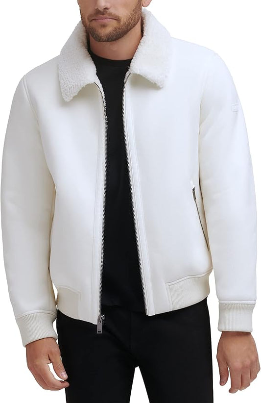 RIDIX Mens Suede Leathee Off White Color Bomber Jacket With Faux Fur Collar