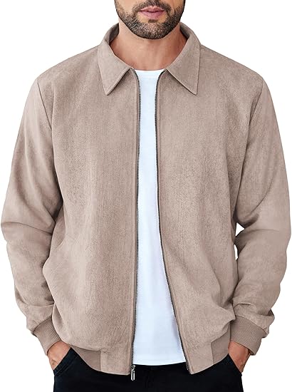 RIDIX Mens Suede Leather Beige Off White Bomber Jacket With Faux Fur Collar